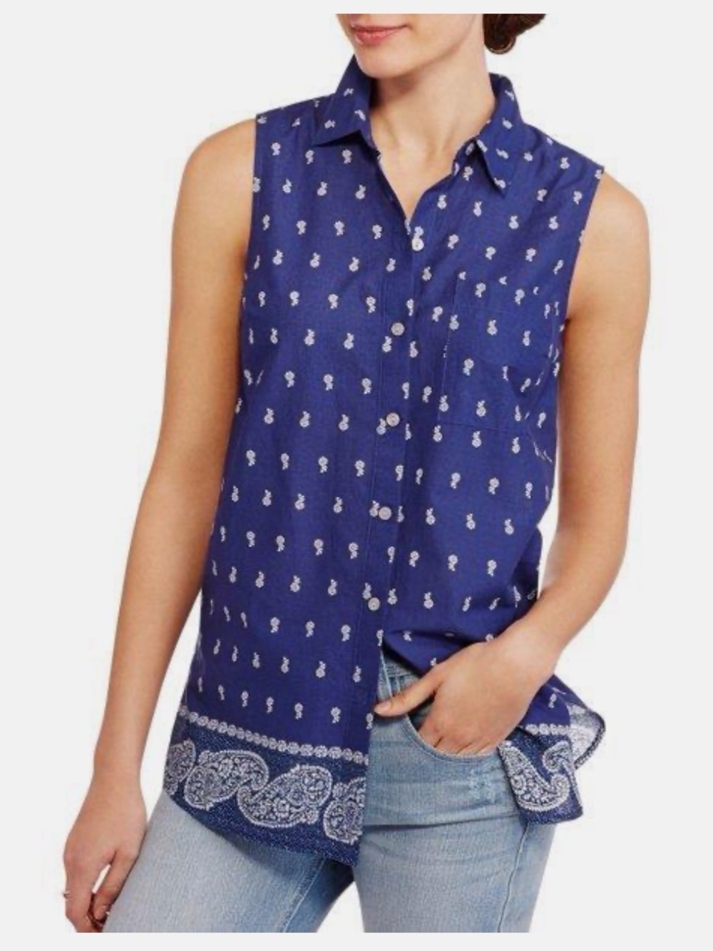 Faded Glory Navy Blue Sleeveless Paisley Button-Down Shirt